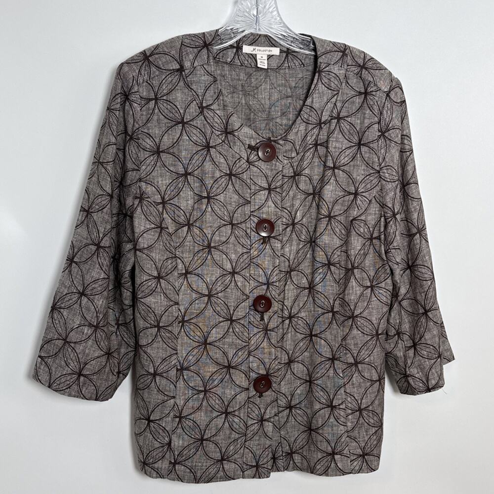 JM Collection Sz 16 Brown Geometric 100% Linen 3/4 Sleeve 4 button Jacket